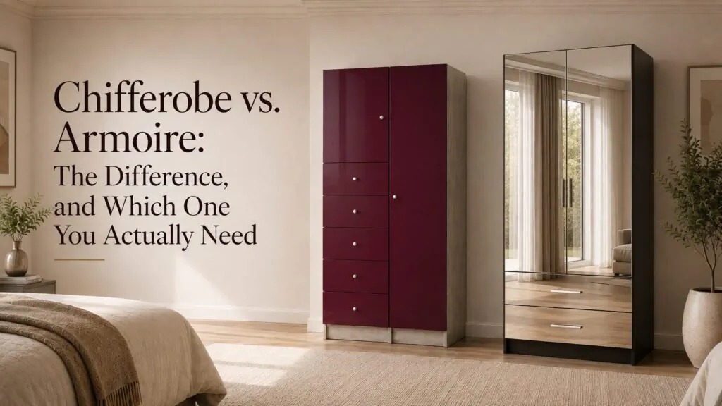 Efficient bedroom furniture arrangement with a bed and a tall storage chest.